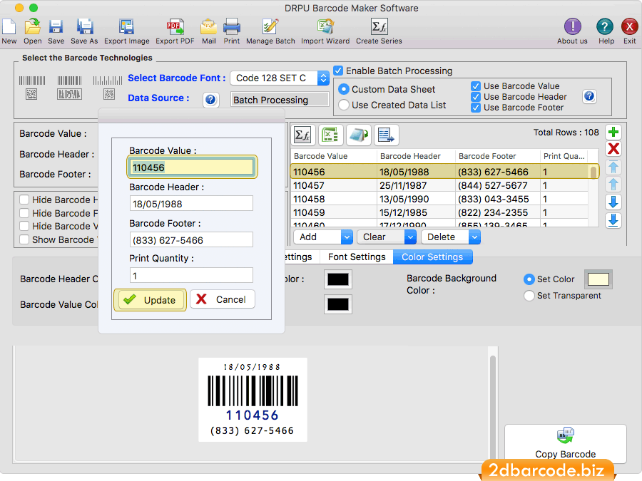 Update particular Barcode entry